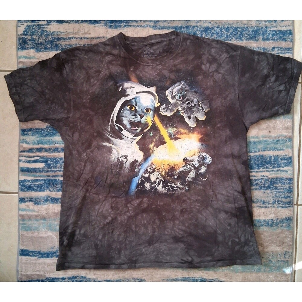 The Mountain Space Kittens Astronaut Cats Black Gray Tie-Dye Shirt 2XL Y2K